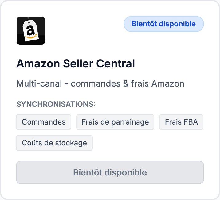 La carte Amazon Seller Central sur la page Intégrations.