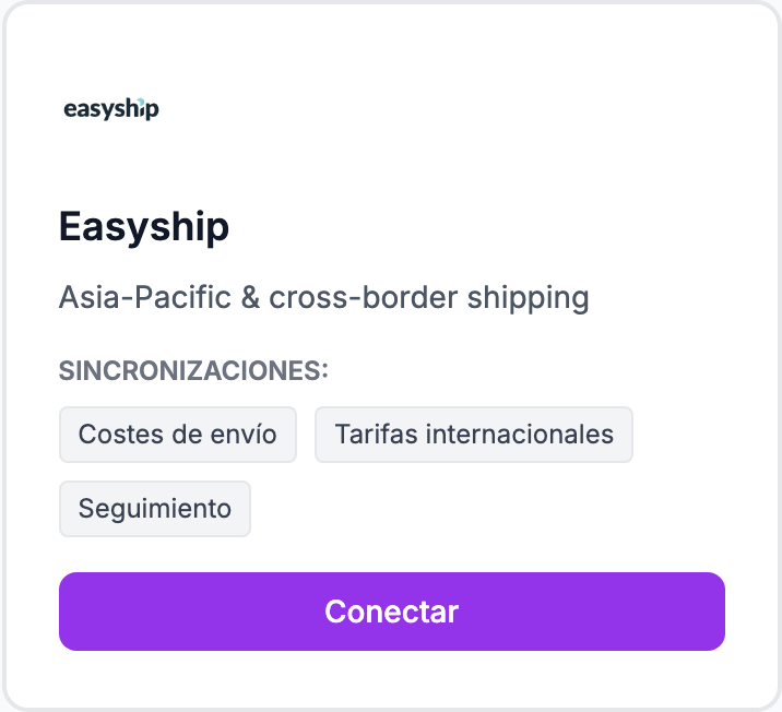 La tarjeta Easyship en la página Integraciones.