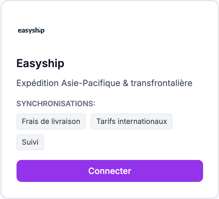 La carte Easyship sur la page Intégrations.