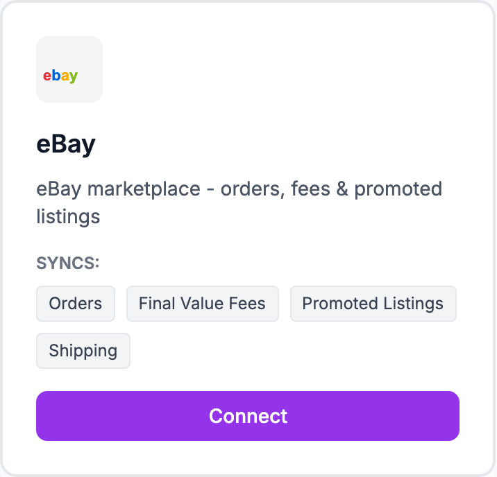 The eBay tile on the Integrations page.