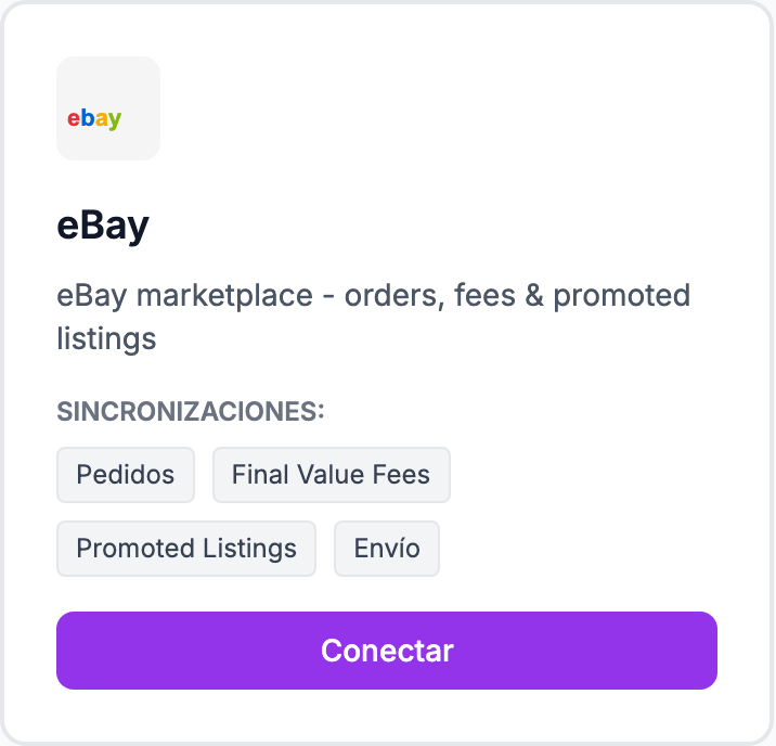La tarjeta eBay en la página Integraciones.
