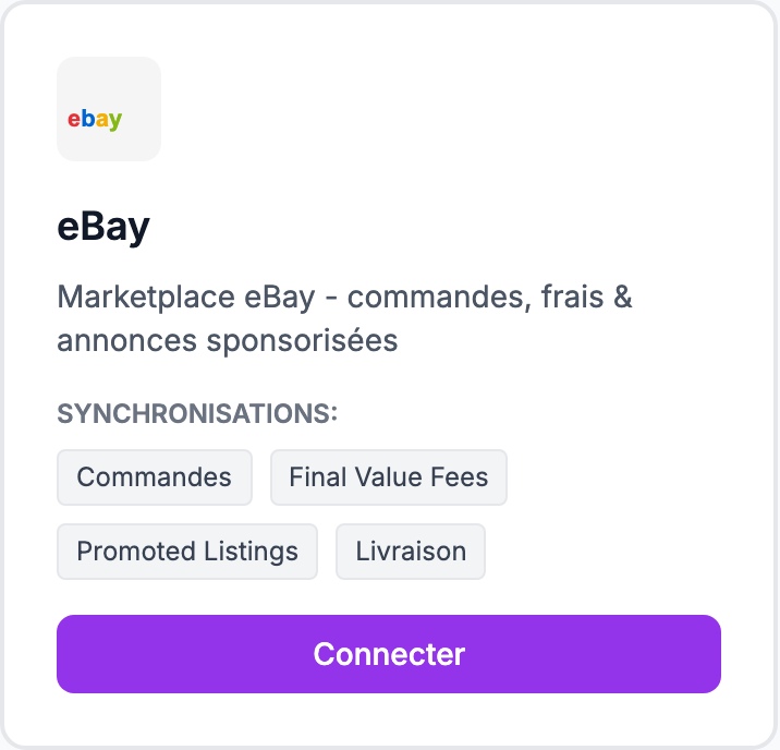 La carte eBay sur la page Intégrations.