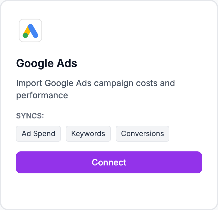 The Google Ads tile on the Integrations page.