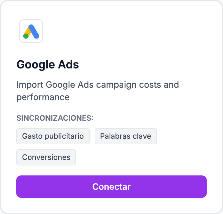 La tarjeta Google Ads en la página Integraciones.