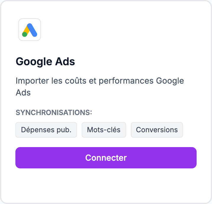 La carte Google Ads sur la page Intégrations.
