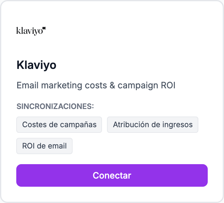 La tarjeta Klaviyo en la página Integraciones.