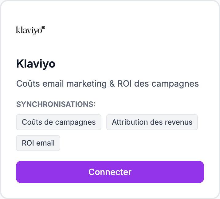 La carte Klaviyo sur la page Intégrations.