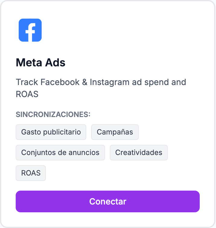 La tarjeta Meta Ads en la página Integraciones.