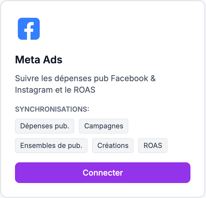 La carte Meta Ads sur la page Intégrations.