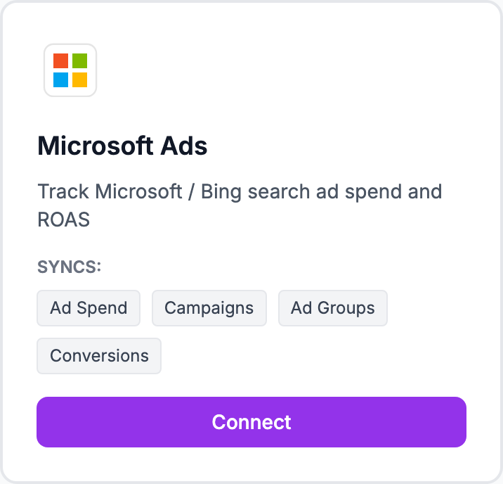 The Microsoft Ads tile on the Integrations page.