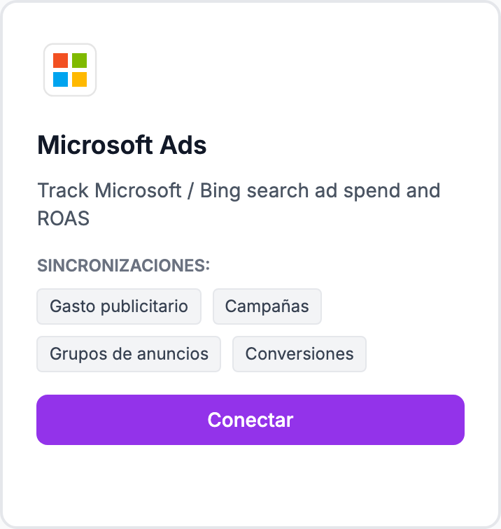 La tarjeta Microsoft Ads en la página Integraciones.