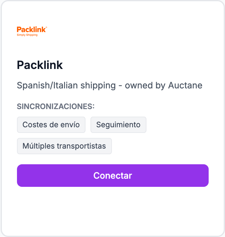 La tarjeta Packlink en la página Integraciones.