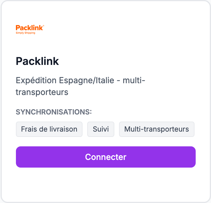 La carte Packlink sur la page Intégrations.