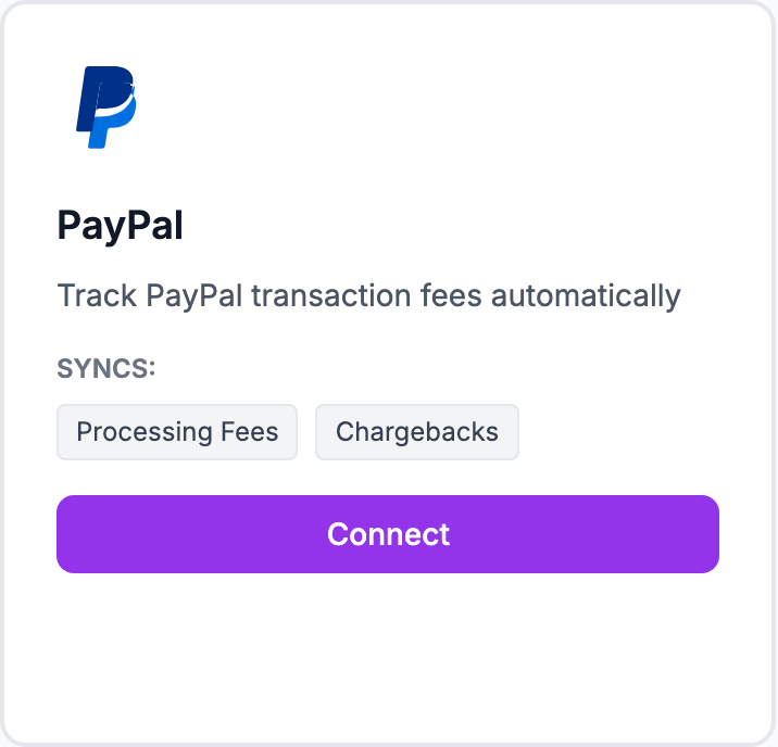 The PayPal tile on the Integrations page.