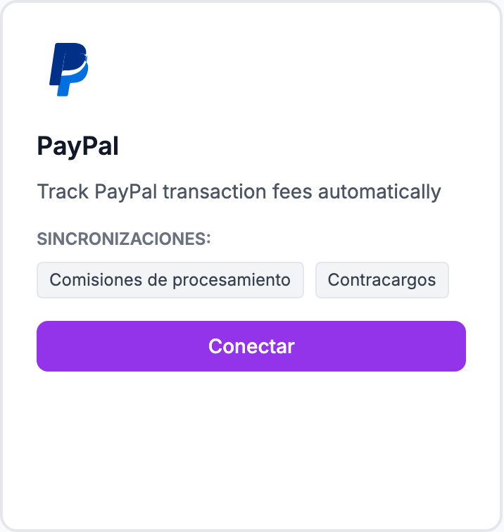 La tarjeta PayPal en la página Integraciones.