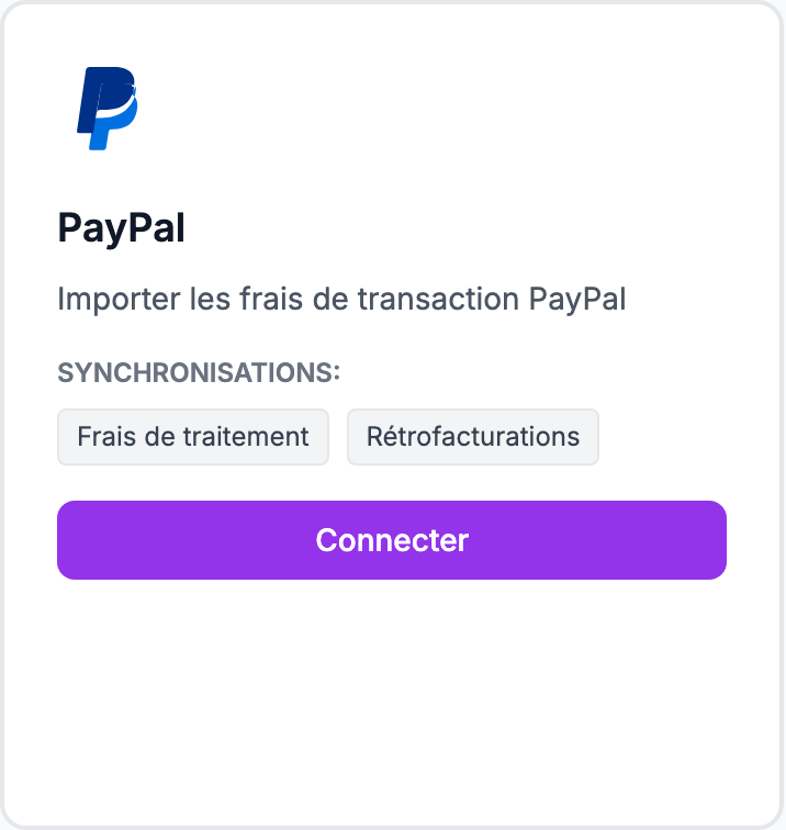 La carte PayPal sur la page Intégrations.