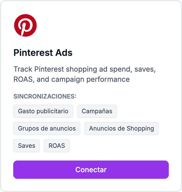 La tarjeta Pinterest Ads en la página Integraciones.