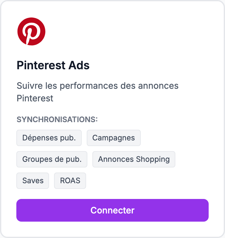 La carte Pinterest Ads sur la page Intégrations.