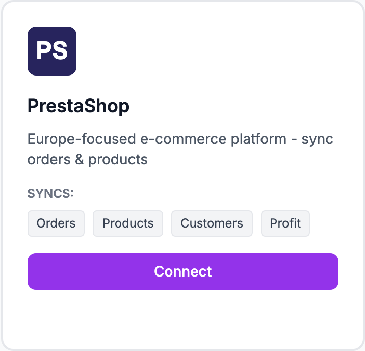 The PrestaShop tile on the Integrations page.