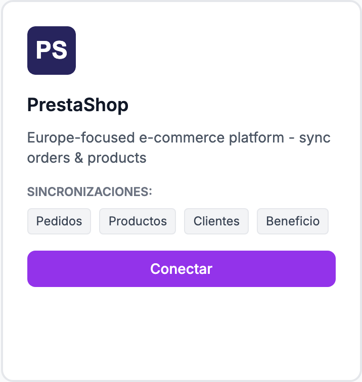 La tarjeta PrestaShop en la página Integraciones.