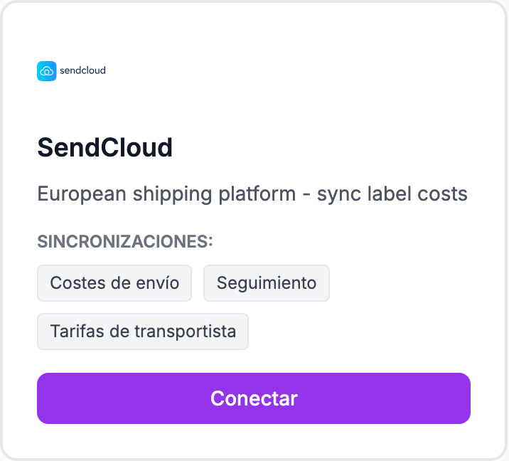 La tarjeta SendCloud en la página Integraciones.
