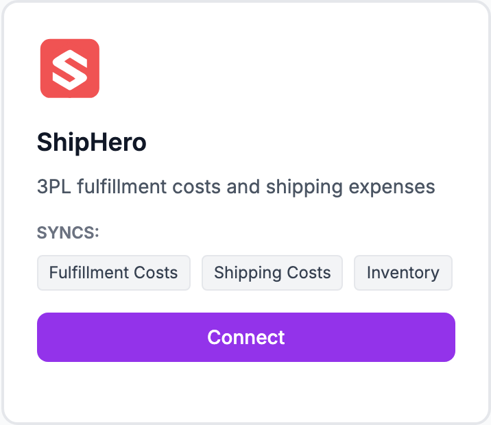 The ShipHero tile on the Integrations page.
