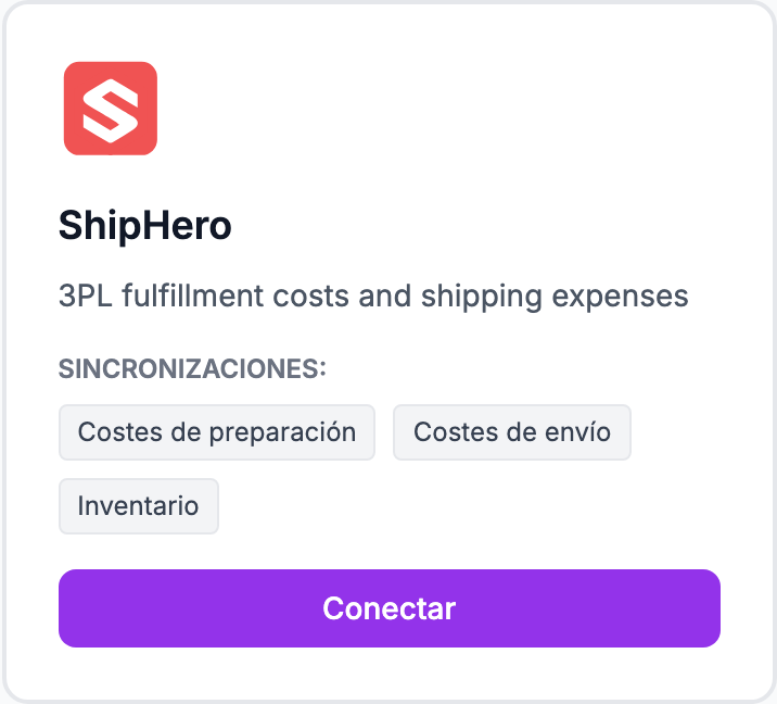 La tarjeta ShipHero en la página Integraciones.
