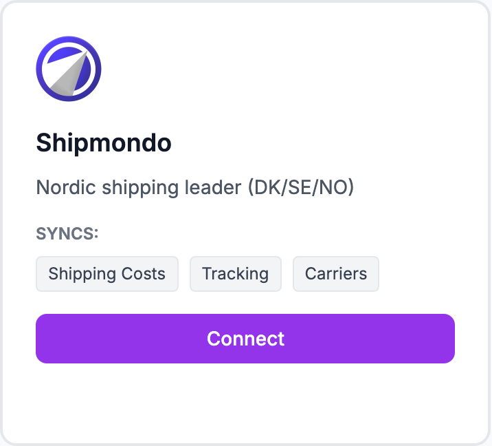 The Shipmondo tile on the Integrations page.
