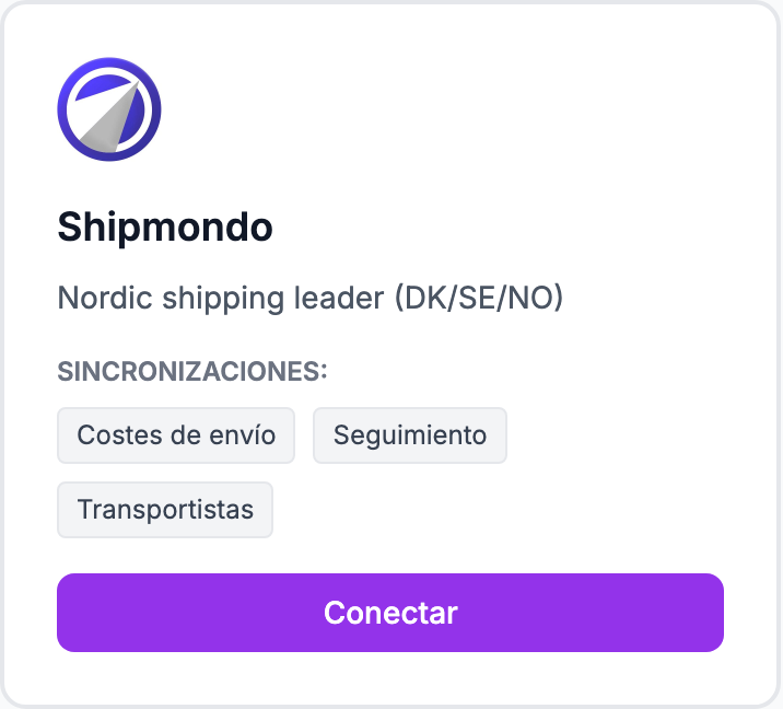 La tarjeta Shipmondo en la página Integraciones.