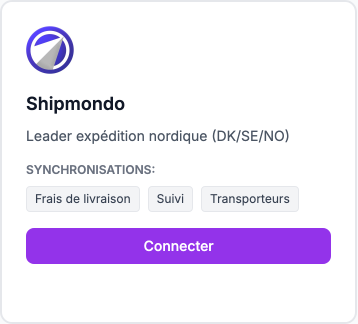 La carte Shipmondo sur la page Intégrations.
