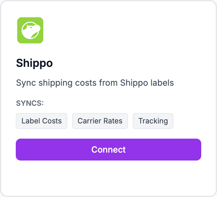 The Shippo tile on the Integrations page.