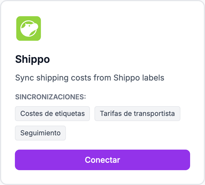 La tarjeta Shippo en la página Integraciones.