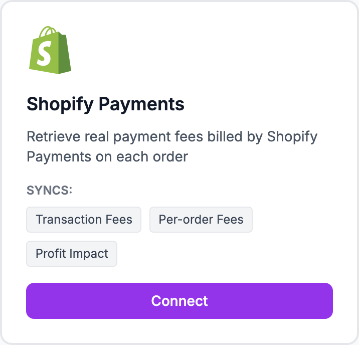 The Shopify Payments tile on the Integrations page.