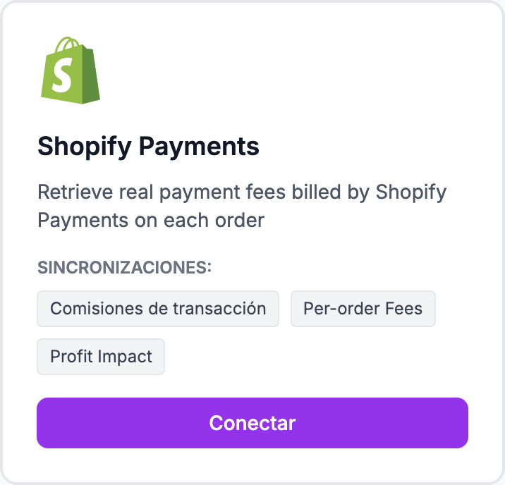 La tarjeta Shopify Payments en la página Integraciones.