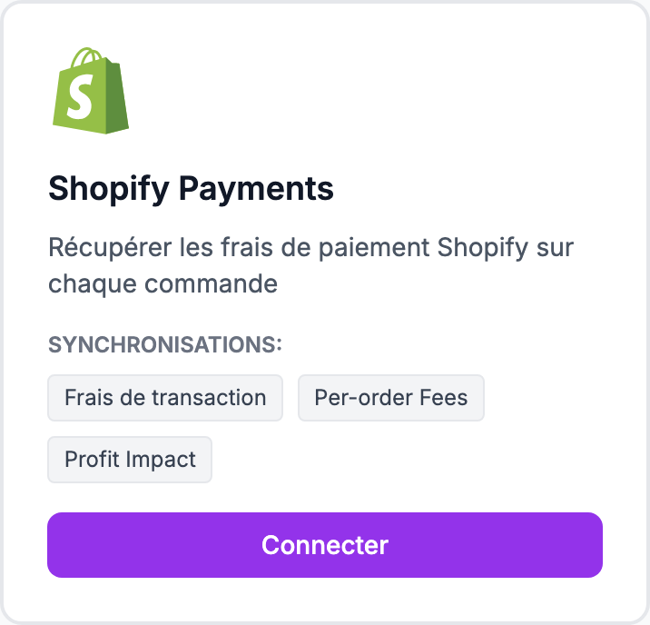 La carte Shopify Payments sur la page Intégrations.