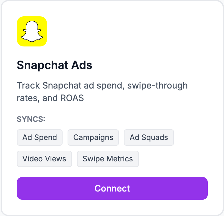 The Snapchat Ads tile on the Integrations page.