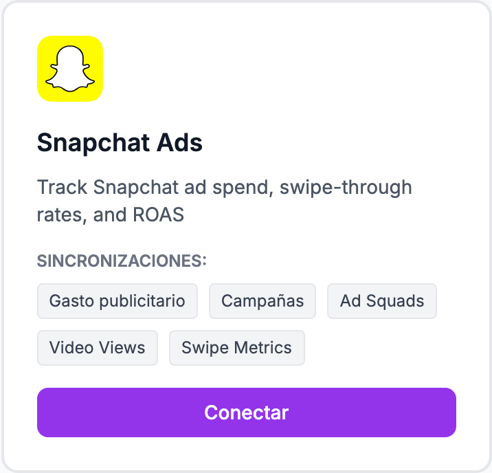 La tarjeta Snapchat Ads en la página Integraciones.