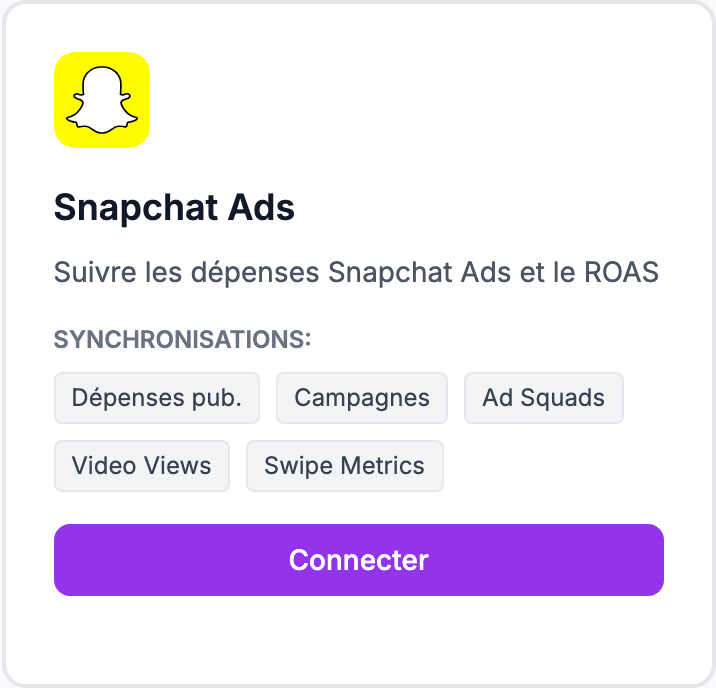 La carte Snapchat Ads sur la page Intégrations.