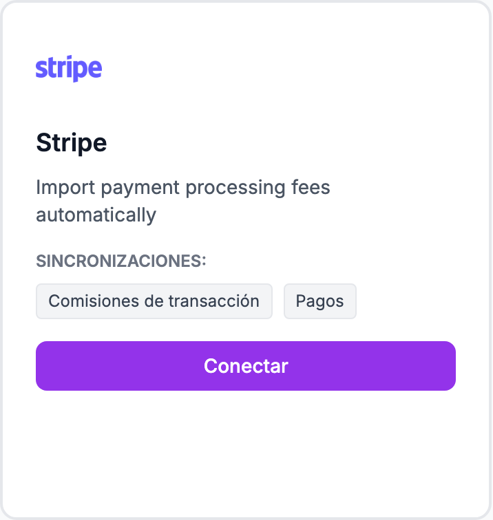 La tarjeta Stripe en la página Integraciones.
