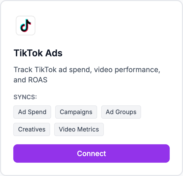 The TikTok Ads tile on the Integrations page.