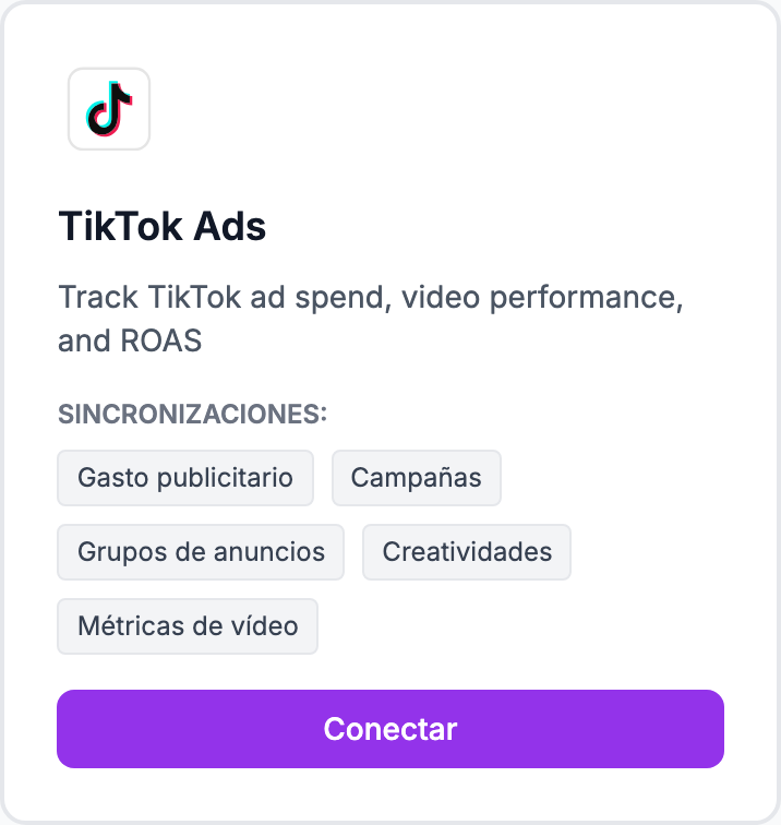 La tarjeta TikTok Ads en la página Integraciones.
