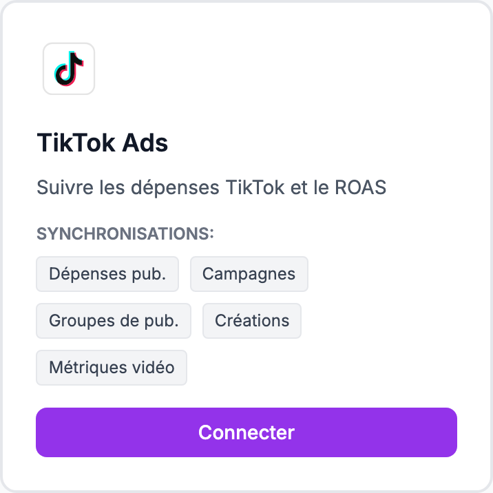 La carte TikTok Ads sur la page Intégrations.
