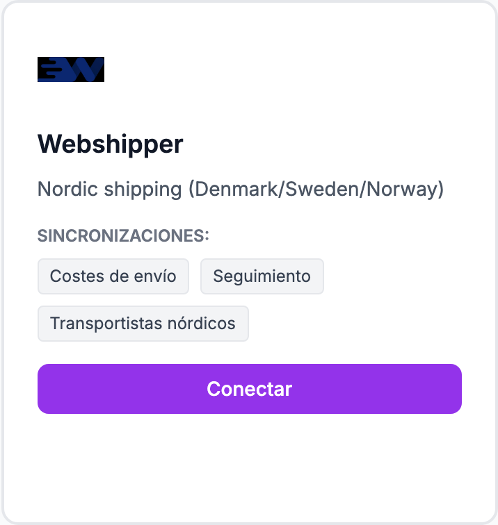 La tarjeta Webshipper en la página Integraciones.