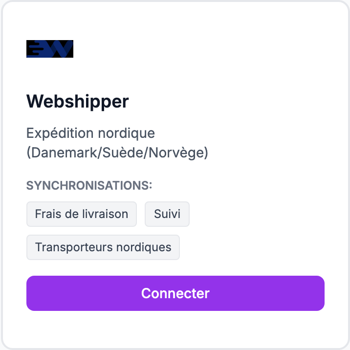 La carte Webshipper sur la page Intégrations.