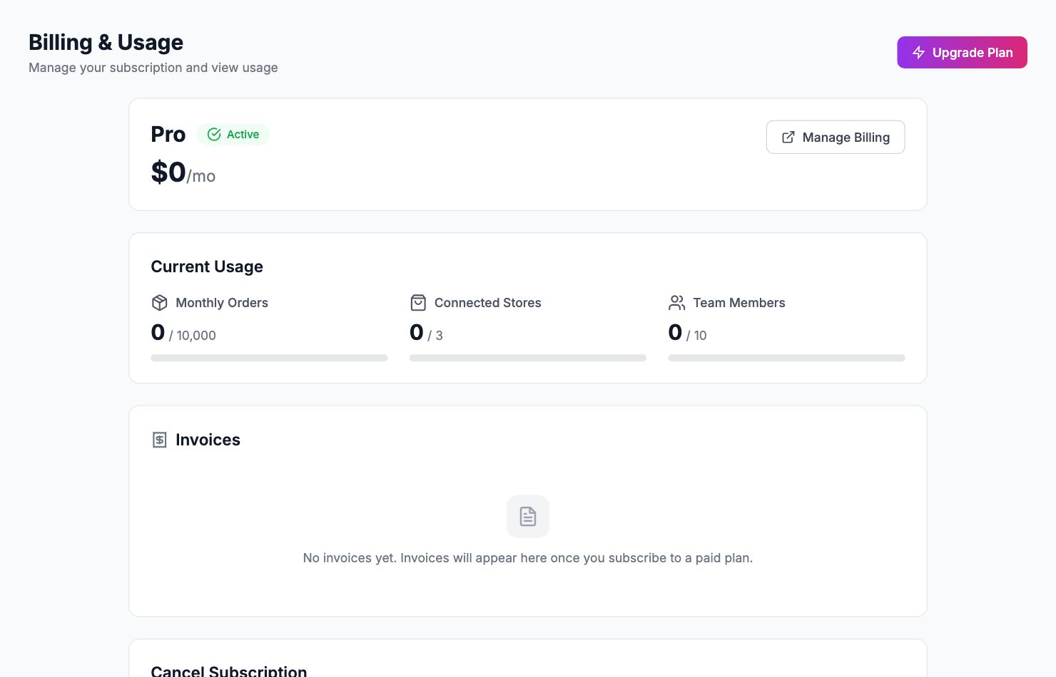 The Billing & Usage page in Shopimize.