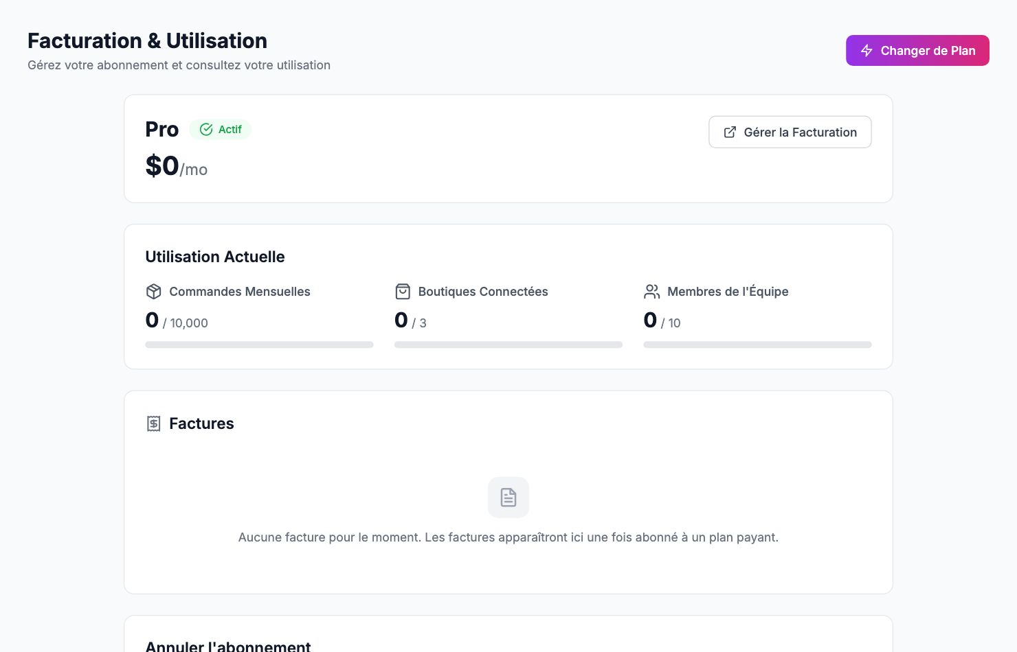 La page Facturation & Utilisation dans Shopimize.