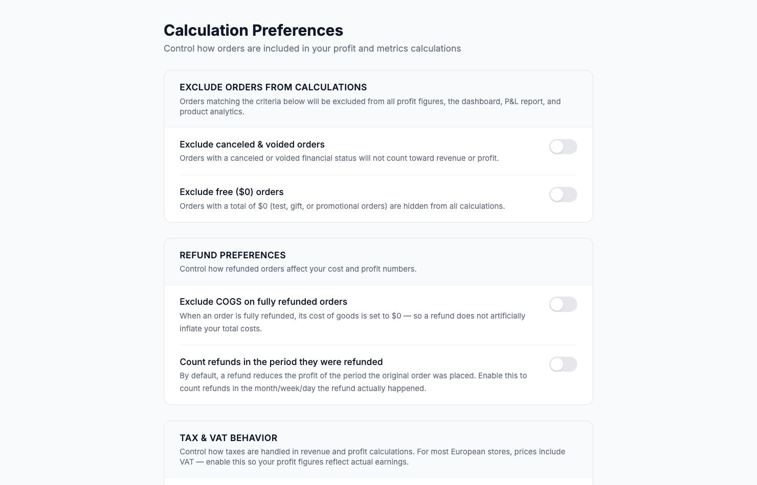 The Calculation Preferences page in Shopimize.