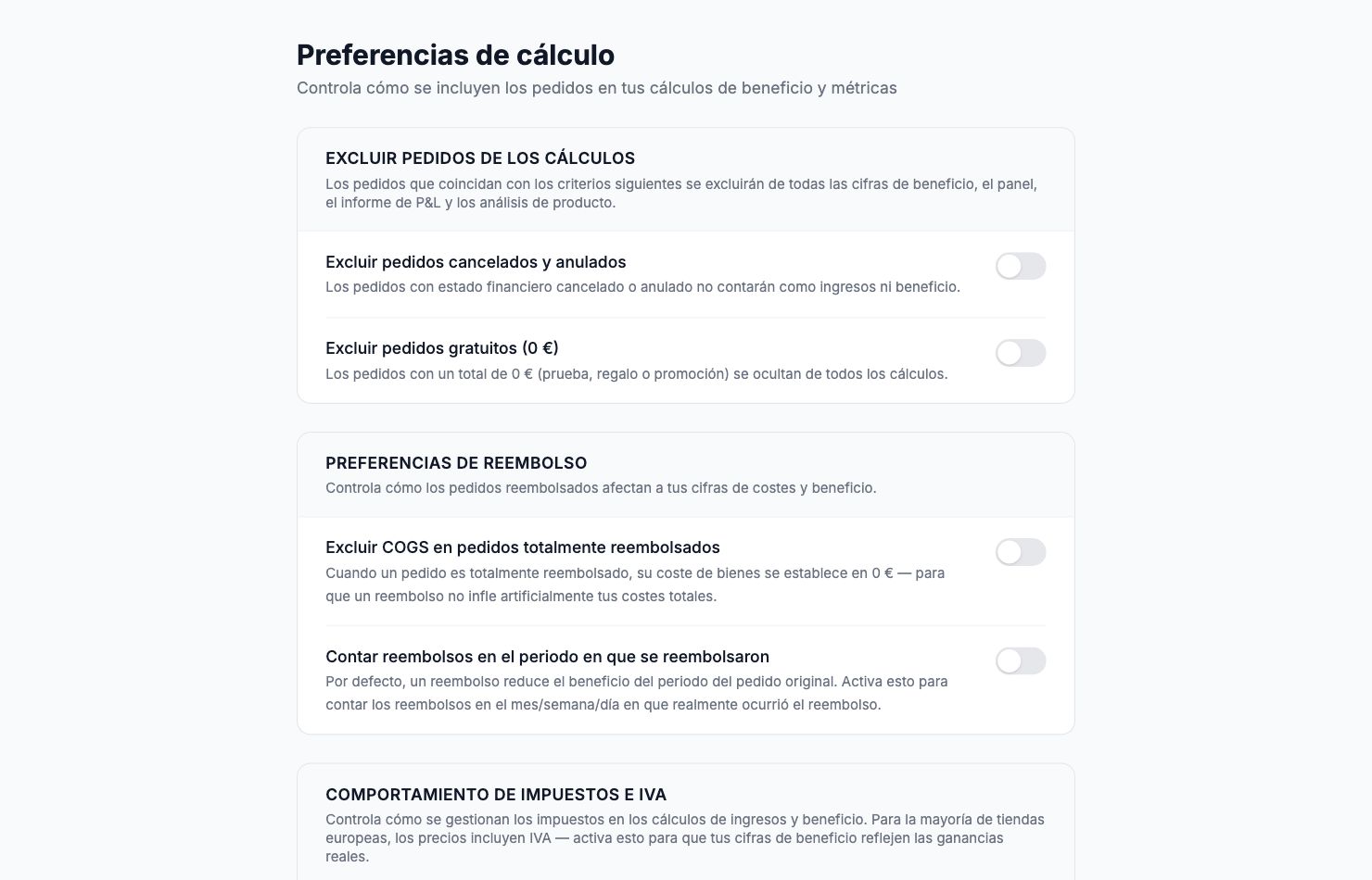La página Preferencias de cálculo en Shopimize.
