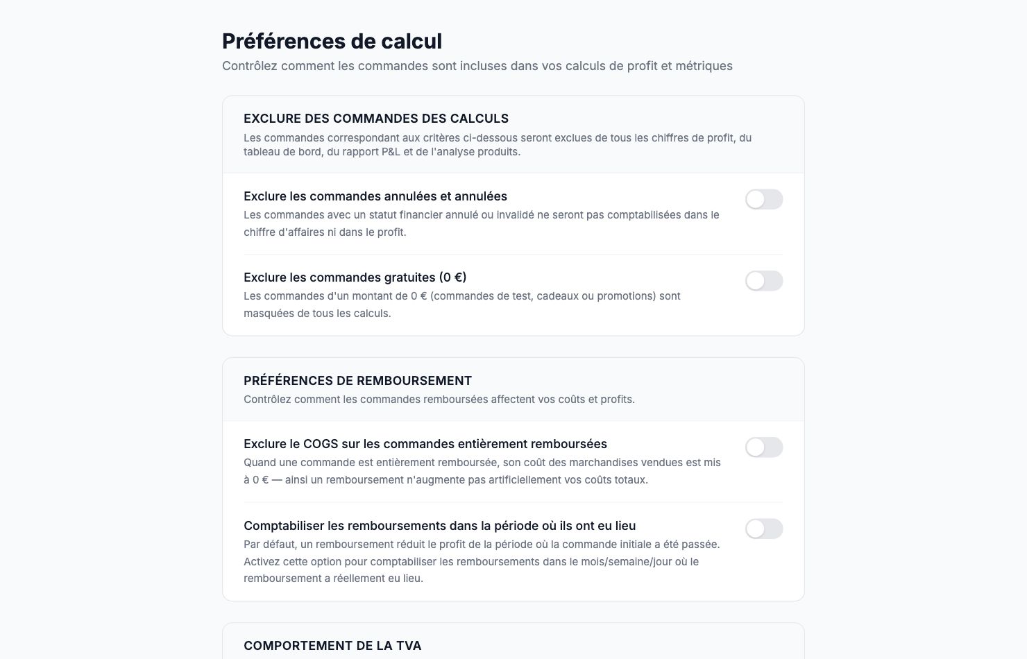La page Préférences de calcul dans Shopimize.