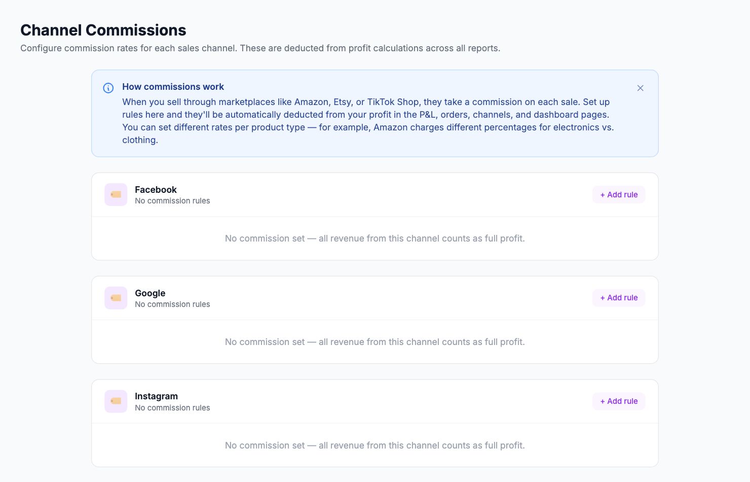 The Channel Commissions page in Shopimize.